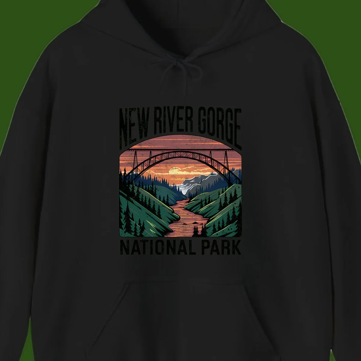 Vintage illustration of New River Gorge bridge spanning a forested river valley at sunset with orange and gold sky