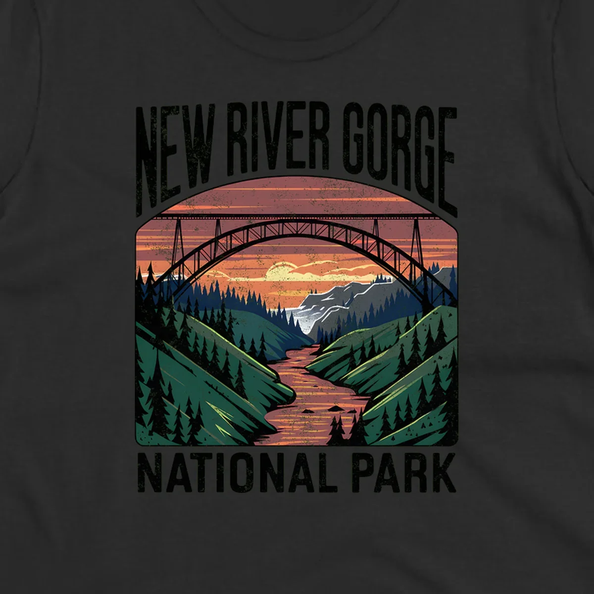 Vintage illustration of New River Gorge bridge spanning a forested river valley at sunset with orange and gold sky