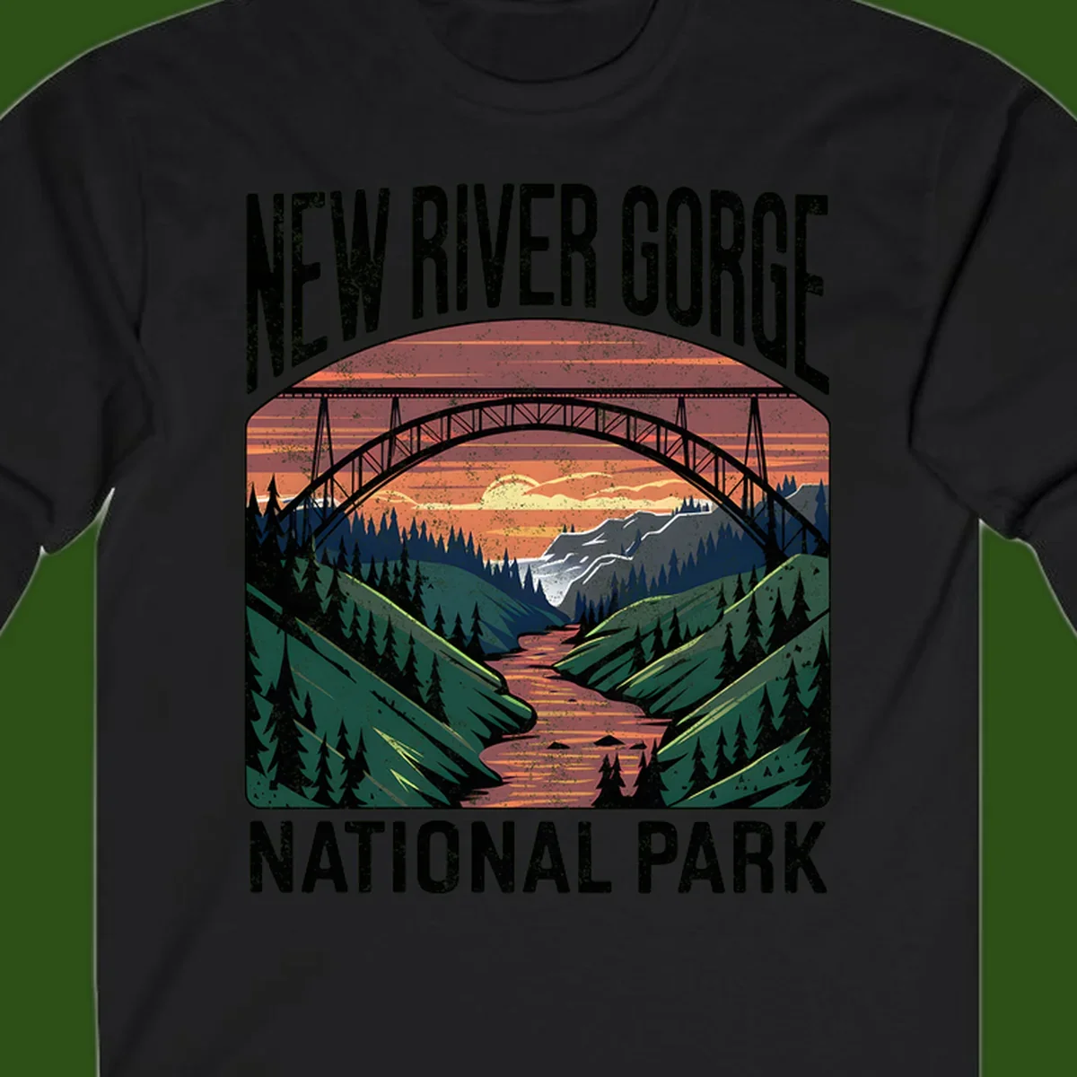Vintage illustration of New River Gorge bridge spanning a forested river valley at sunset with orange and gold sky