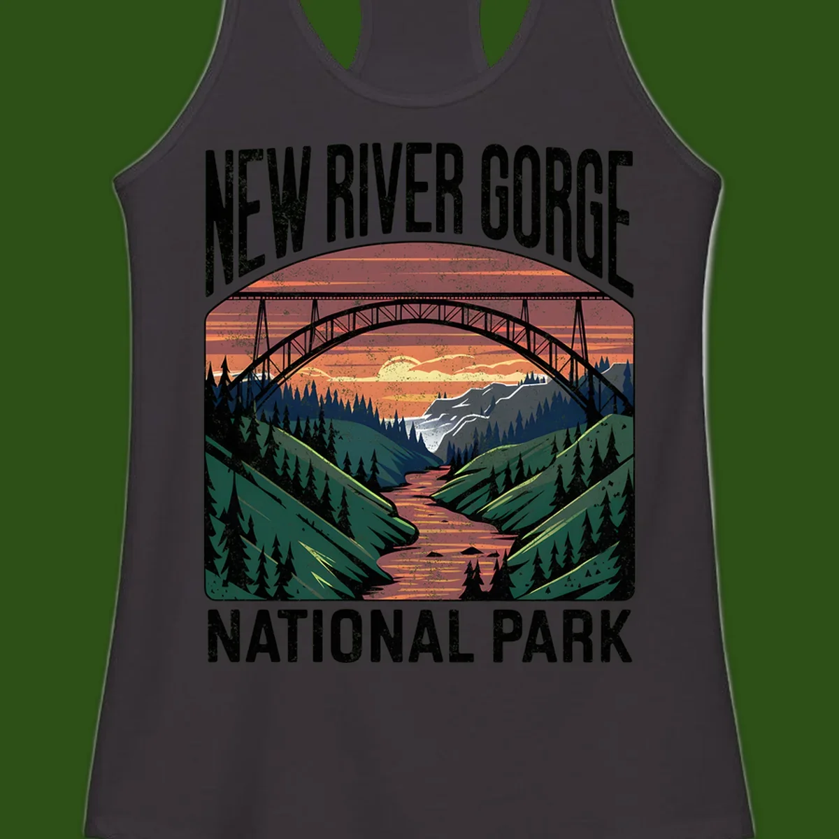 Vintage illustration of New River Gorge bridge spanning a forested river valley at sunset with orange and gold sky