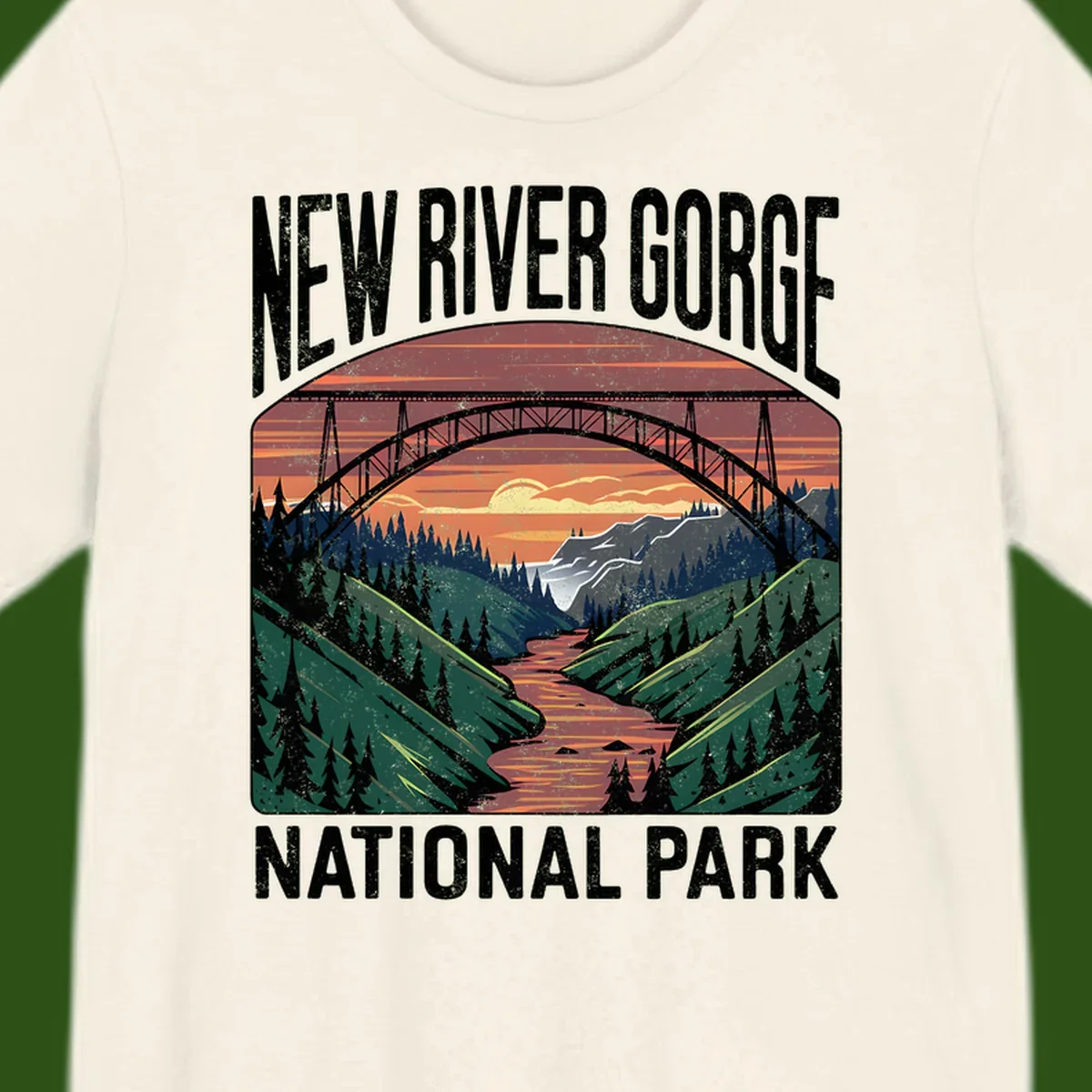 Vintage illustration of New River Gorge bridge spanning a forested river valley at sunset with orange and gold sky