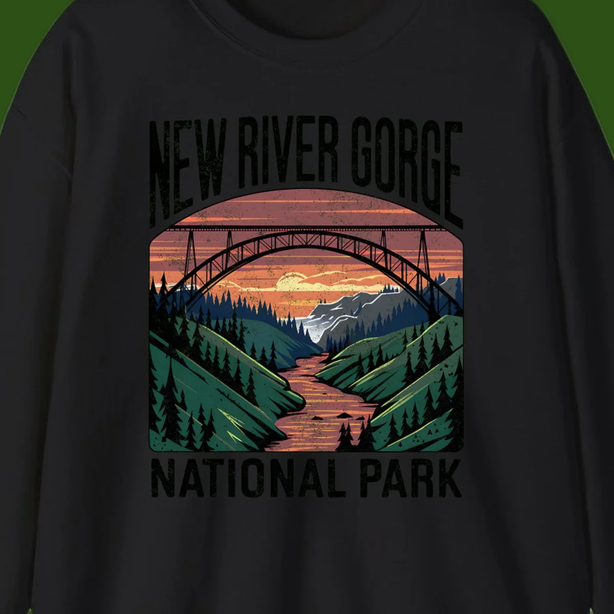 Vintage illustration of New River Gorge bridge spanning a forested river valley at sunset with orange and gold sky