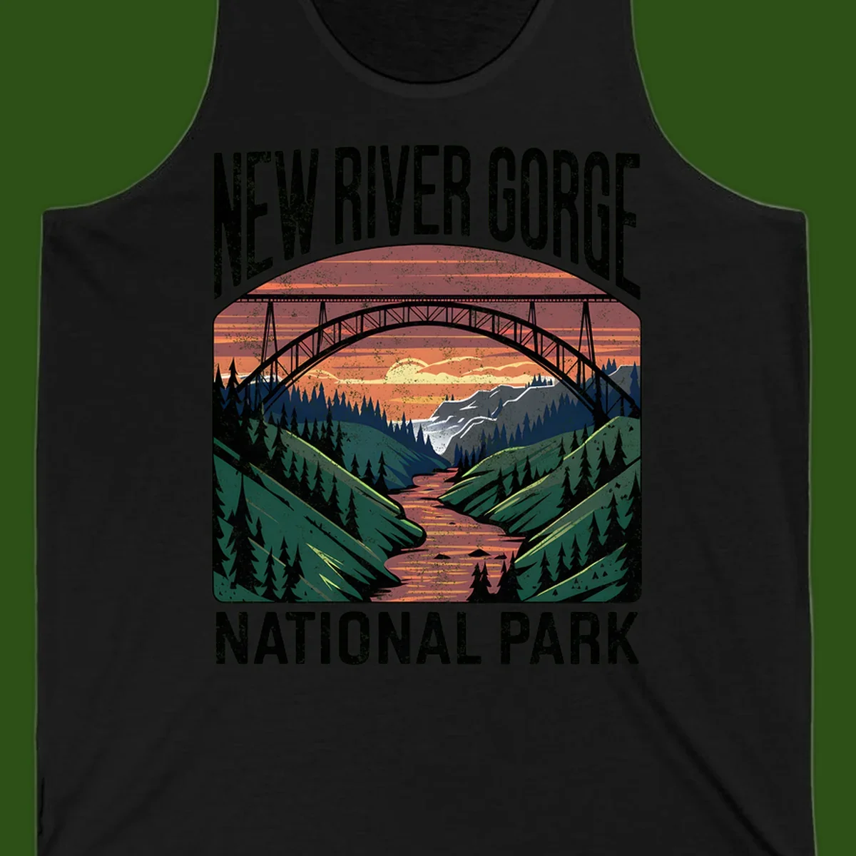 Vintage illustration of New River Gorge bridge spanning a forested river valley at sunset with orange and gold sky
