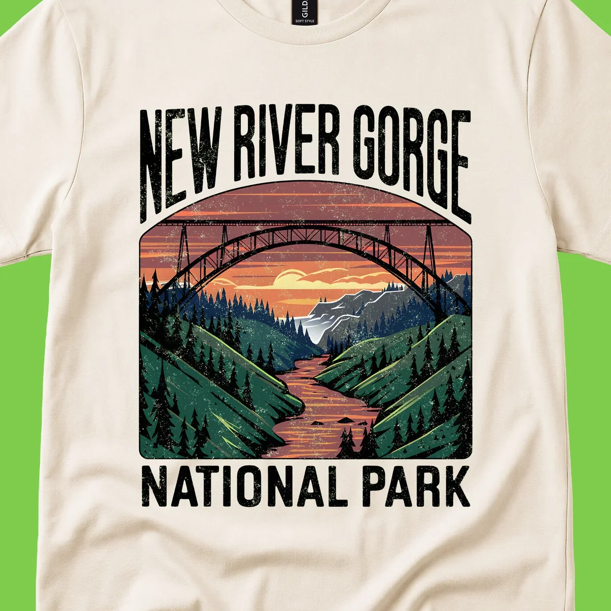 Vintage illustration of New River Gorge bridge spanning a forested river valley at sunset with orange and gold sky