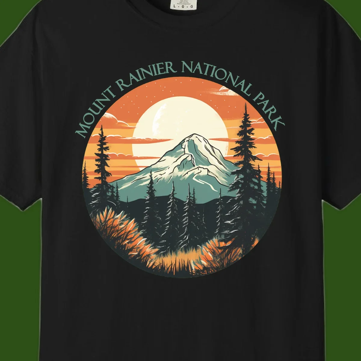 Mount Rainier sunset landscape with snow-capped peak, full moon, evergreen forest silhouettes, and wildflowers against orange sky