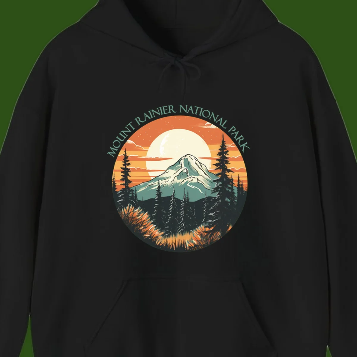 Mount Rainier sunset landscape with snow-capped peak, full moon, evergreen forest silhouettes, and wildflowers against orange sky