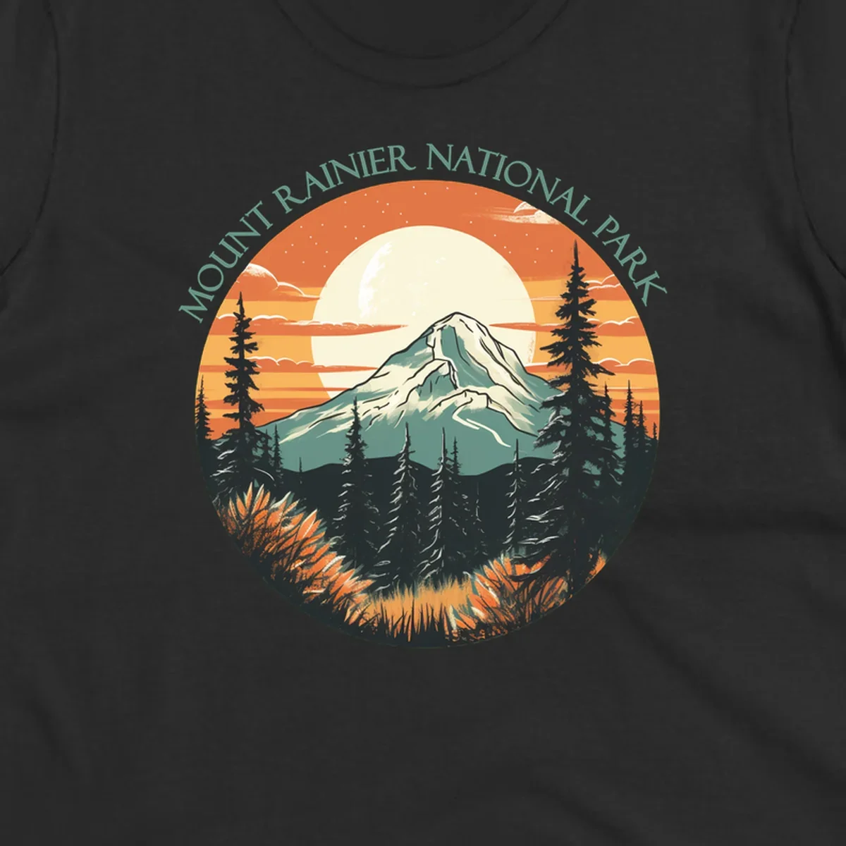 Mount Rainier sunset landscape with snow-capped peak, full moon, evergreen forest silhouettes, and wildflowers against orange sky