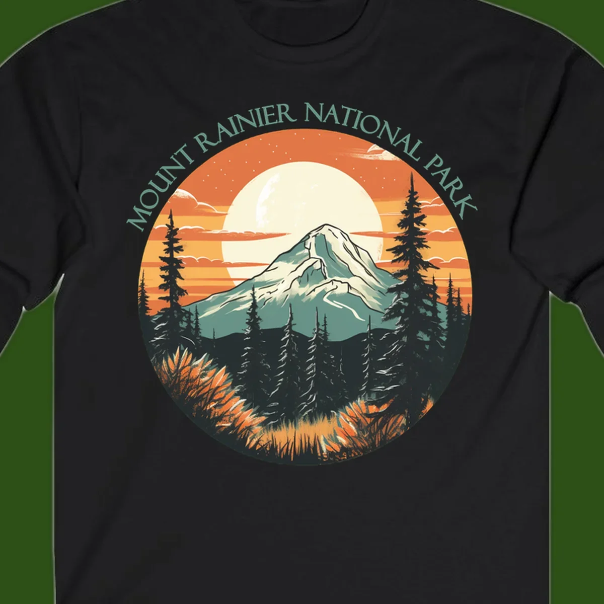 Mount Rainier sunset landscape with snow-capped peak, full moon, evergreen forest silhouettes, and wildflowers against orange sky