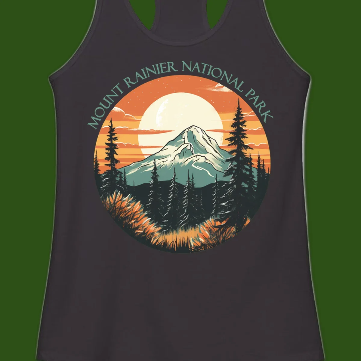 Mount Rainier sunset landscape with snow-capped peak, full moon, evergreen forest silhouettes, and wildflowers against orange sky
