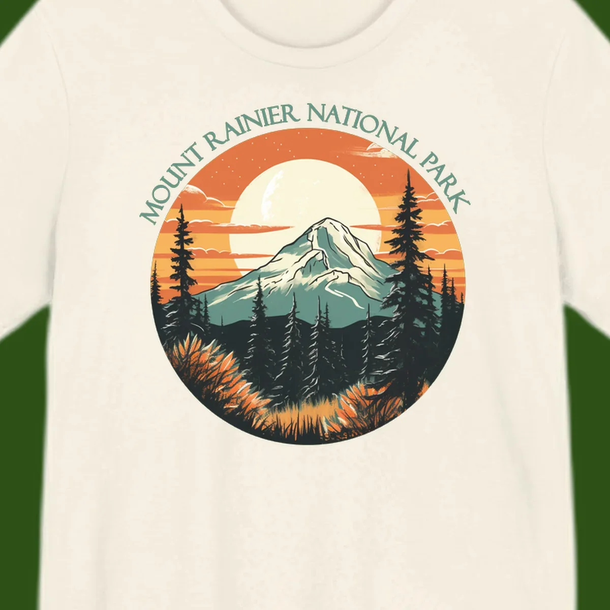 Mount Rainier sunset landscape with snow-capped peak, full moon, evergreen forest silhouettes, and wildflowers against orange sky