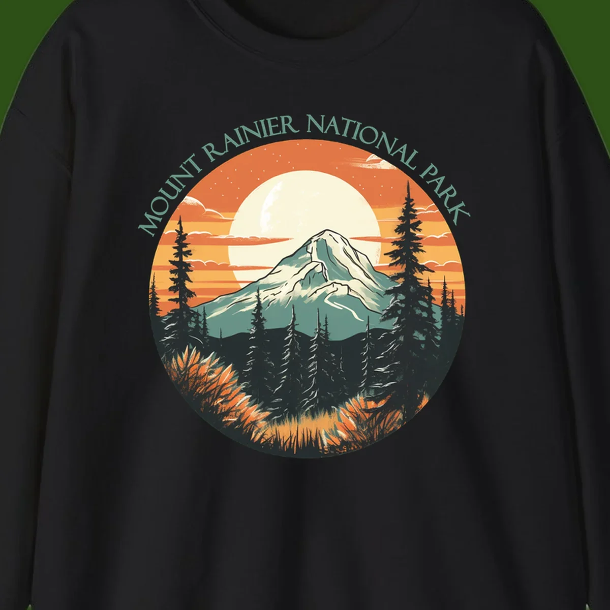 Mount Rainier sunset landscape with snow-capped peak, full moon, evergreen forest silhouettes, and wildflowers against orange sky