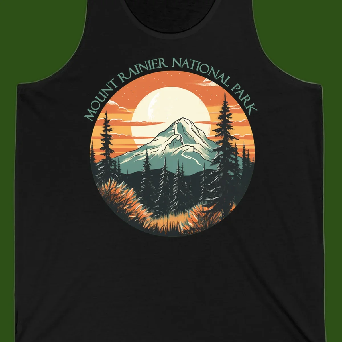 Mount Rainier sunset landscape with snow-capped peak, full moon, evergreen forest silhouettes, and wildflowers against orange sky