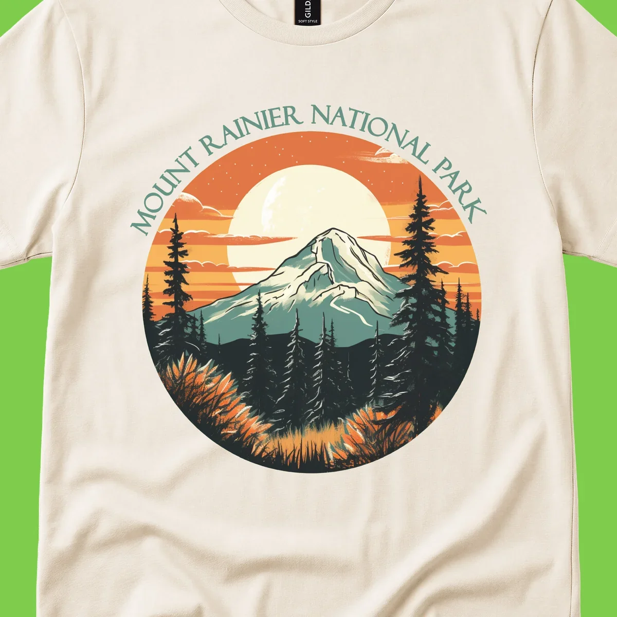 Mount Rainier sunset landscape with snow-capped peak, full moon, evergreen forest silhouettes, and wildflowers against orange sky