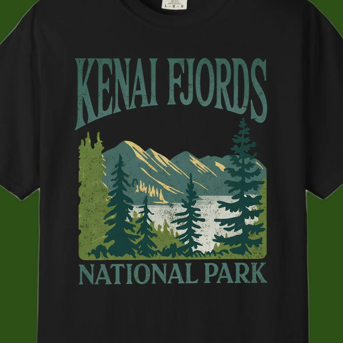 Vintage-style Kenai Fjords National Park poster art with snow-capped mountains, evergreen forests, and glacier landscape in teal and cream colors