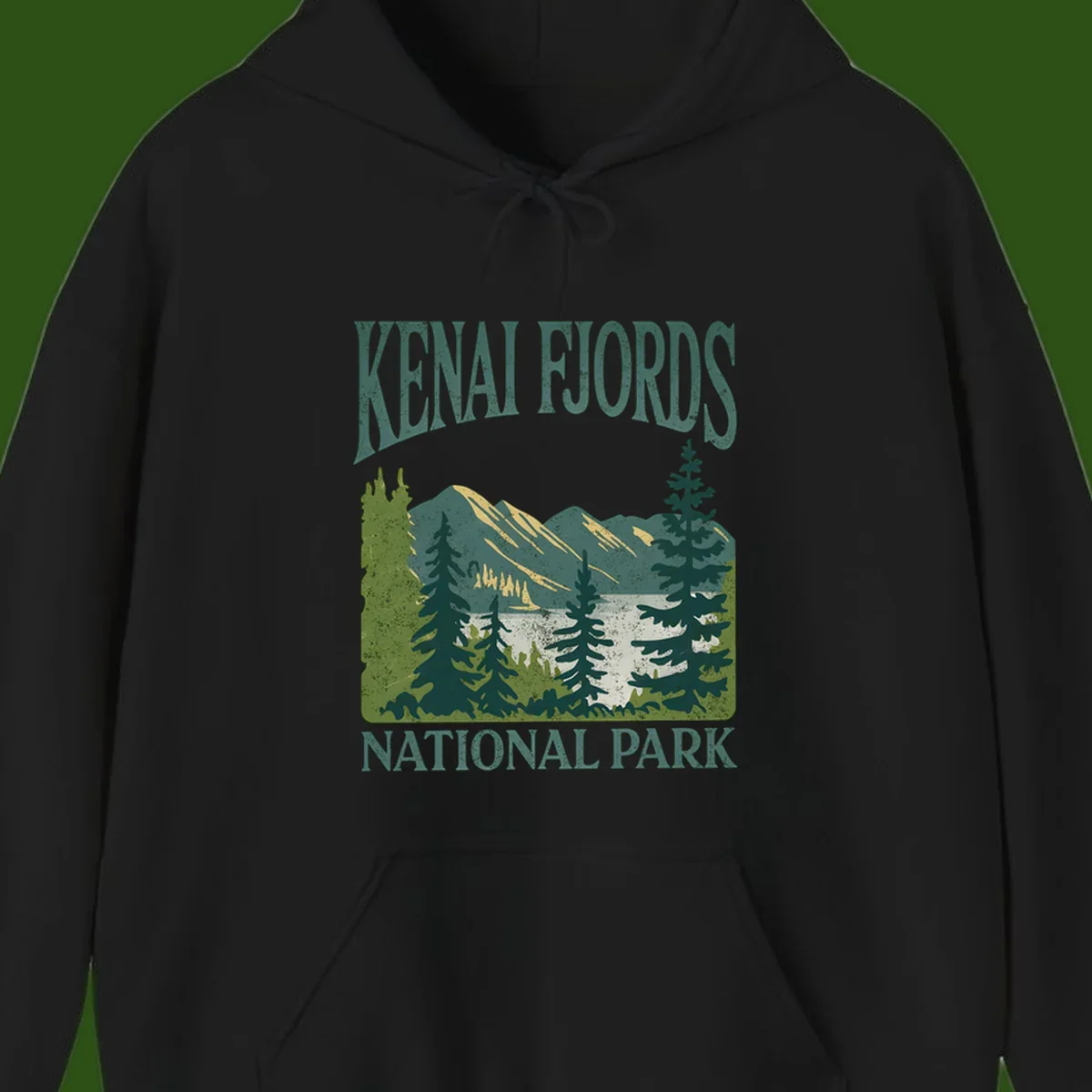 Vintage-style Kenai Fjords National Park poster art with snow-capped mountains, evergreen forests, and glacier landscape in teal and cream colors