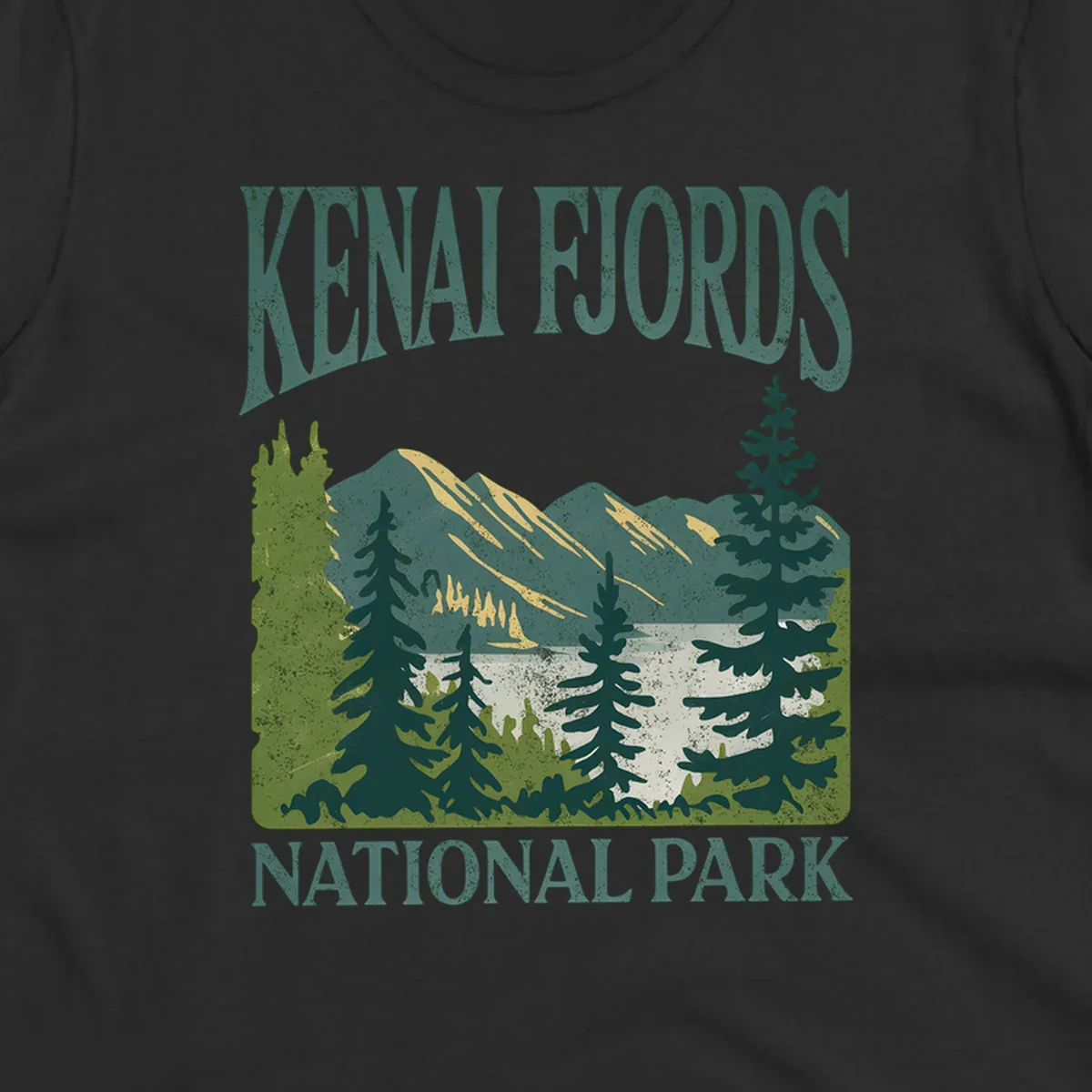 Vintage-style Kenai Fjords National Park poster art with snow-capped mountains, evergreen forests, and glacier landscape in teal and cream colors
