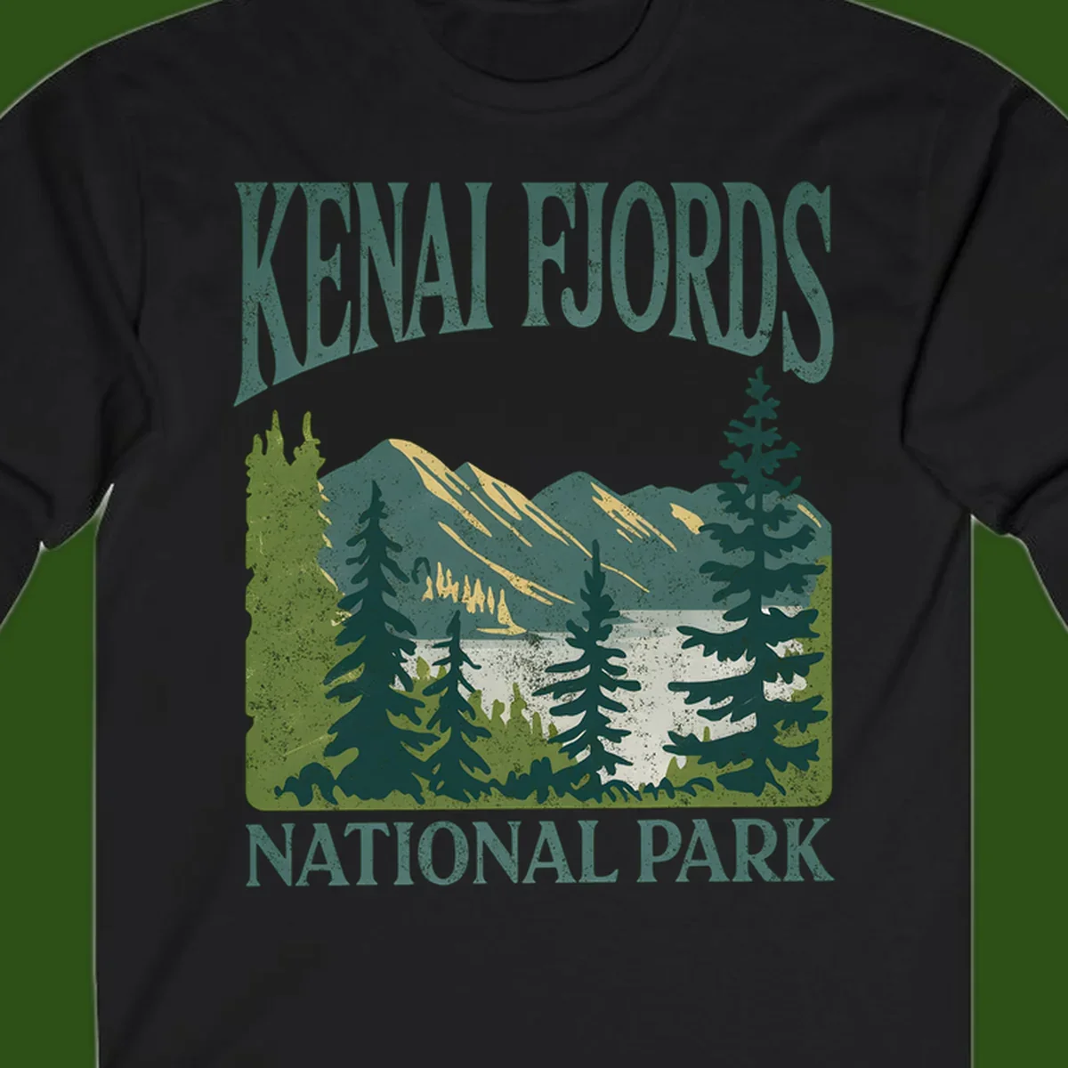 Vintage-style Kenai Fjords National Park poster art with snow-capped mountains, evergreen forests, and glacier landscape in teal and cream colors