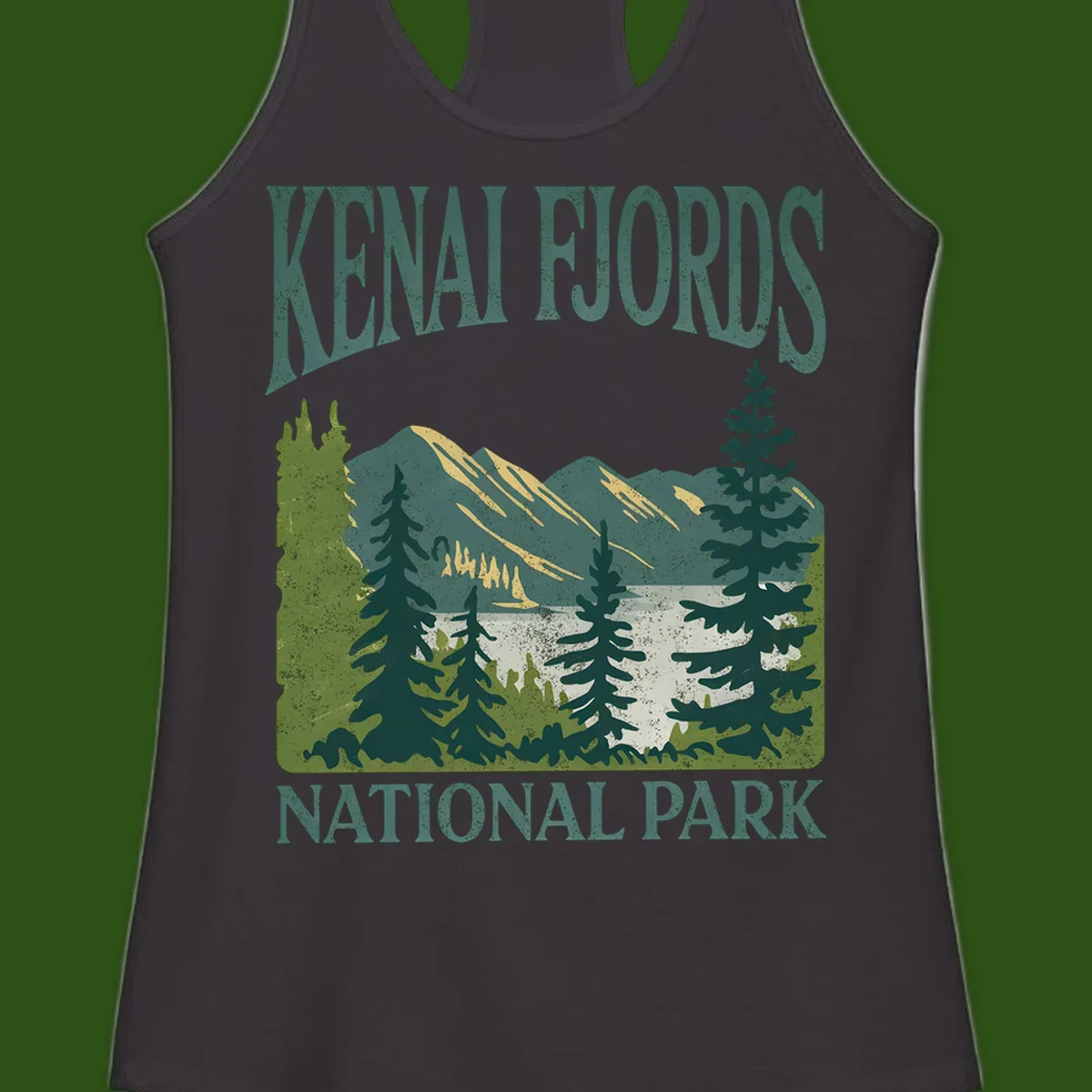 Vintage-style Kenai Fjords National Park poster art with snow-capped mountains, evergreen forests, and glacier landscape in teal and cream colors