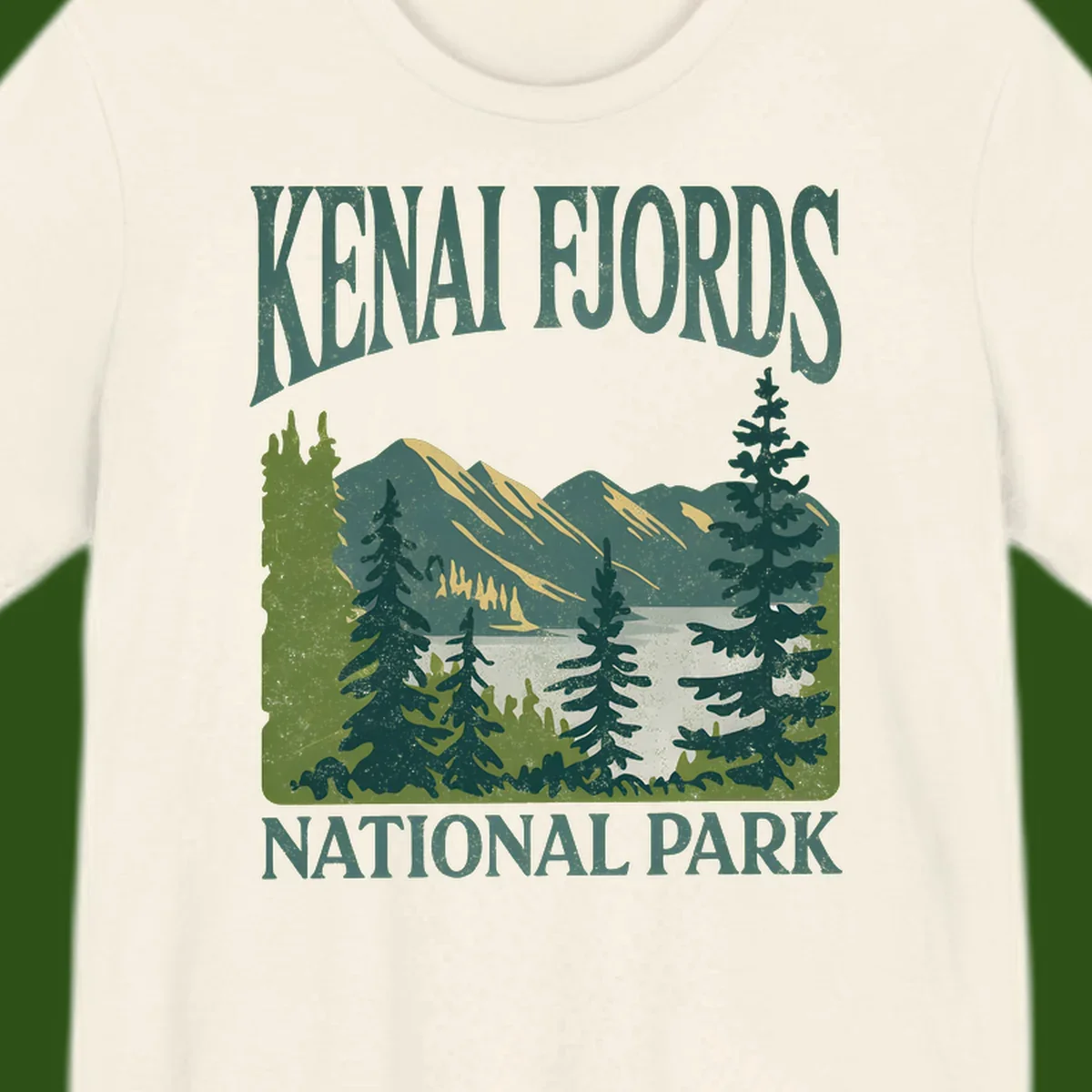 Vintage-style Kenai Fjords National Park poster art with snow-capped mountains, evergreen forests, and glacier landscape in teal and cream colors