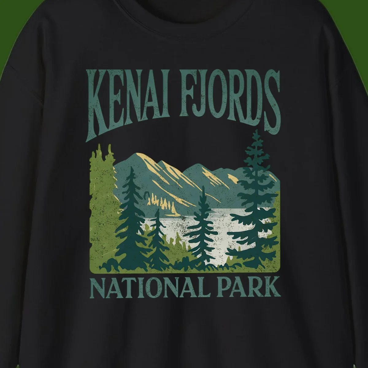 Vintage-style Kenai Fjords National Park poster art with snow-capped mountains, evergreen forests, and glacier landscape in teal and cream colors