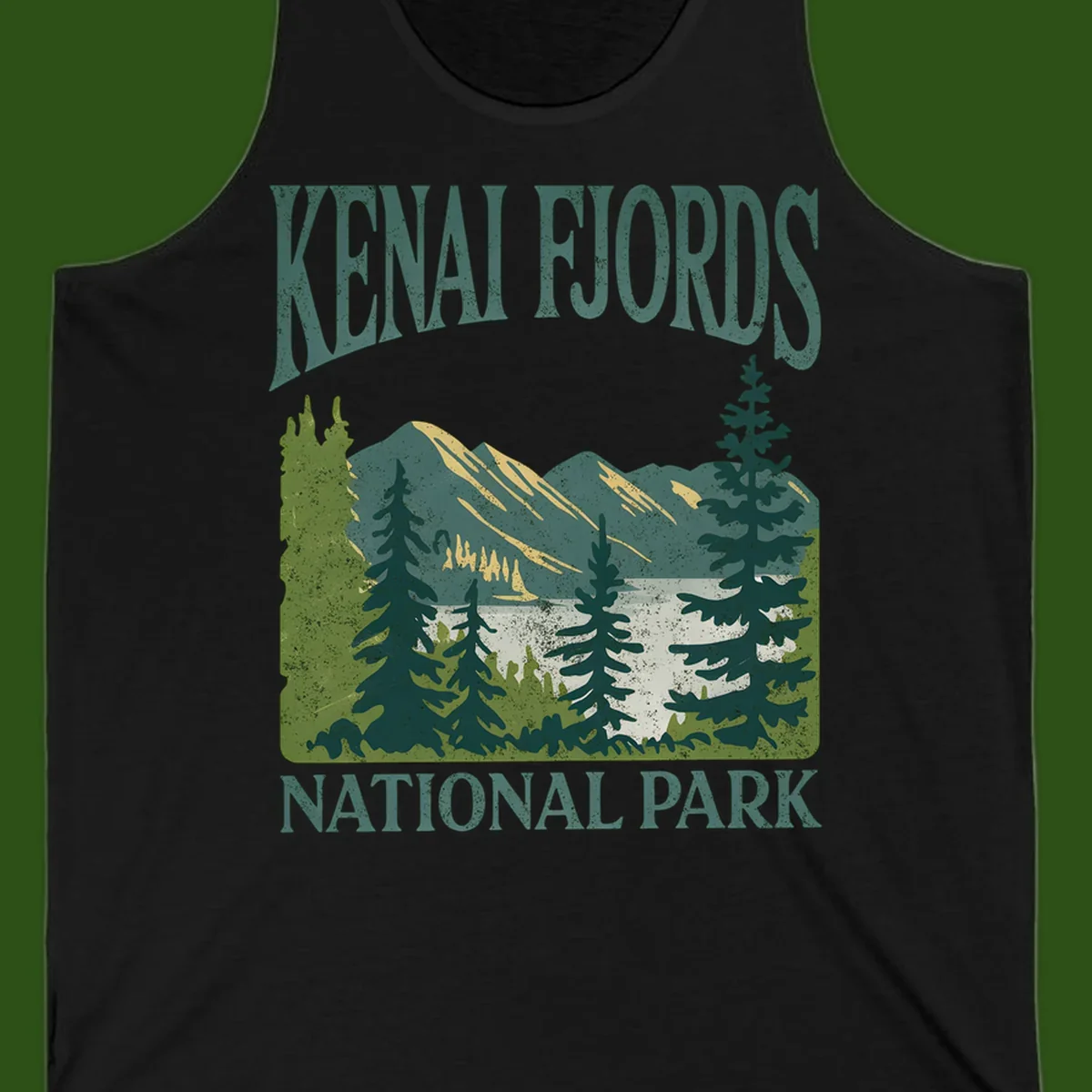 Vintage-style Kenai Fjords National Park poster art with snow-capped mountains, evergreen forests, and glacier landscape in teal and cream colors