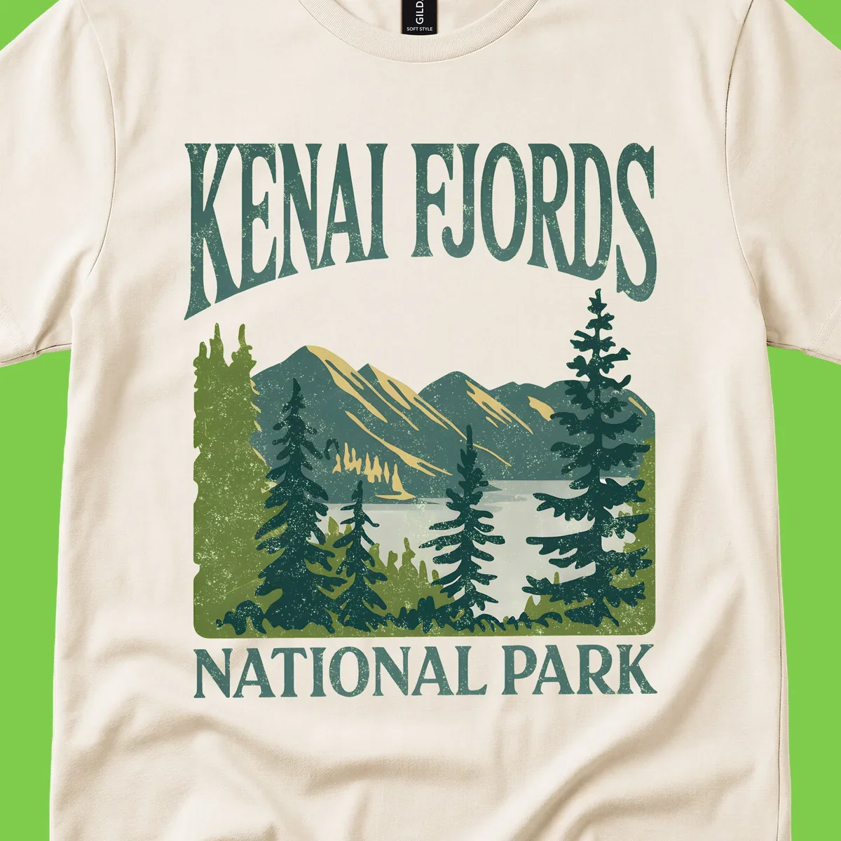 Vintage-style Kenai Fjords National Park poster art with snow-capped mountains, evergreen forests, and glacier landscape in teal and cream colors