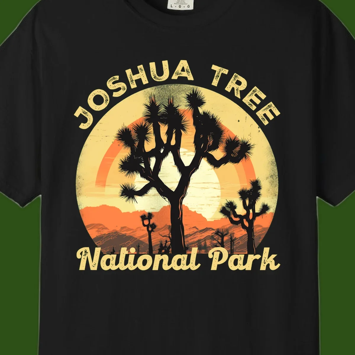 Vintage circular badge design featuring joshua tree desert sunset with silhouetted trees and warm gradient sky