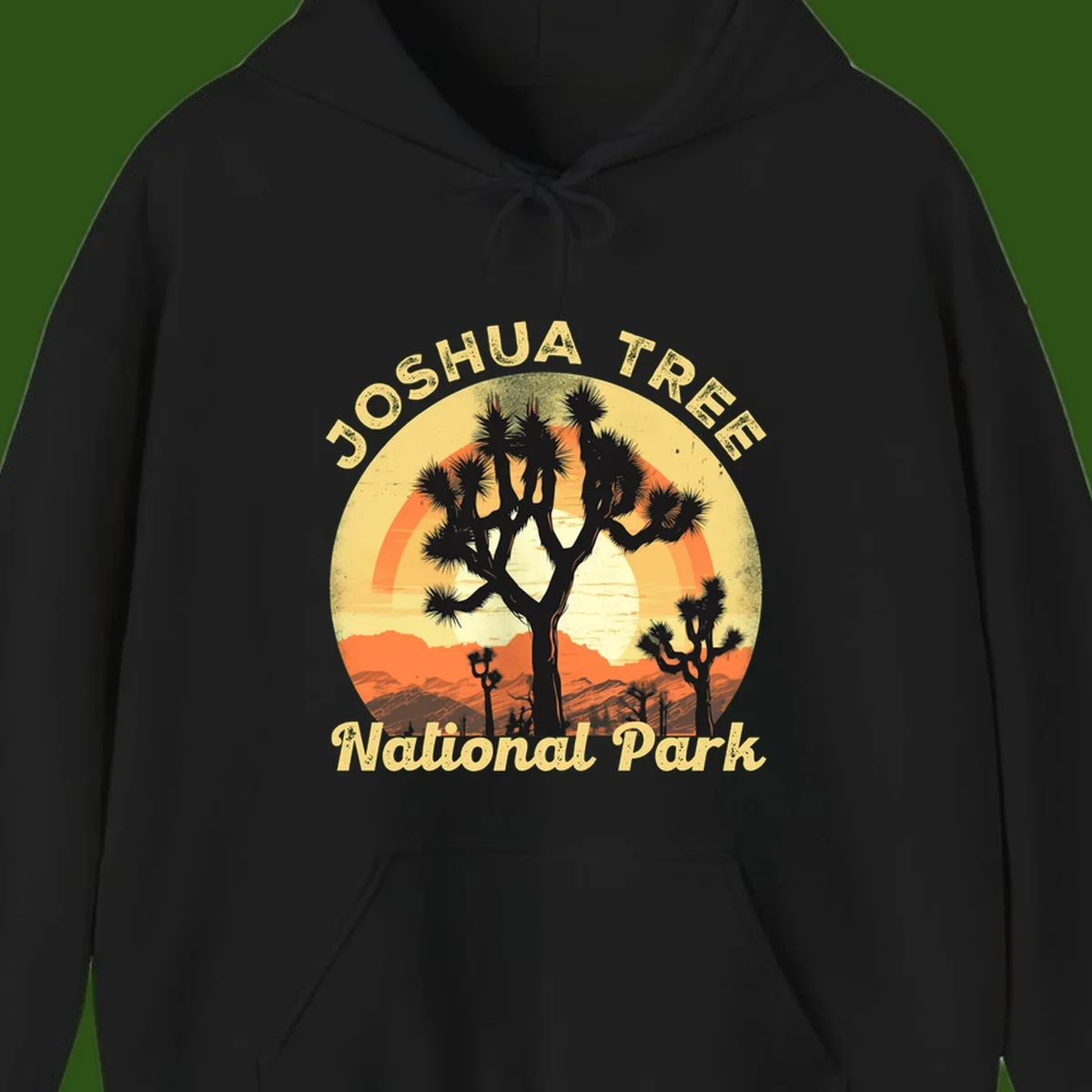 Vintage circular badge design featuring joshua tree desert sunset with silhouetted trees and warm gradient sky