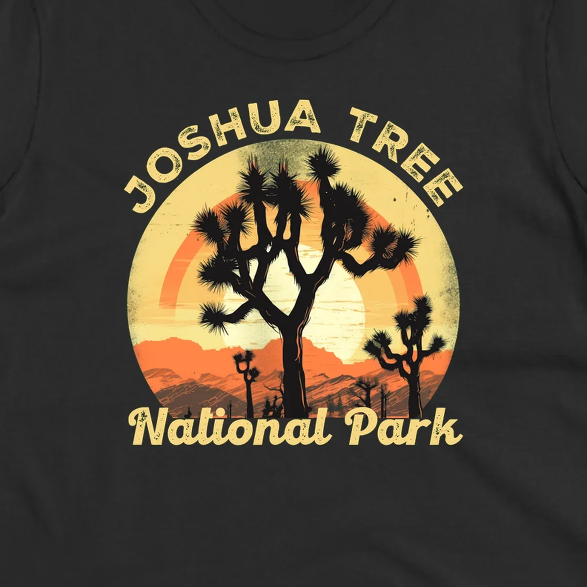 Vintage circular badge design featuring joshua tree desert sunset with silhouetted trees and warm gradient sky