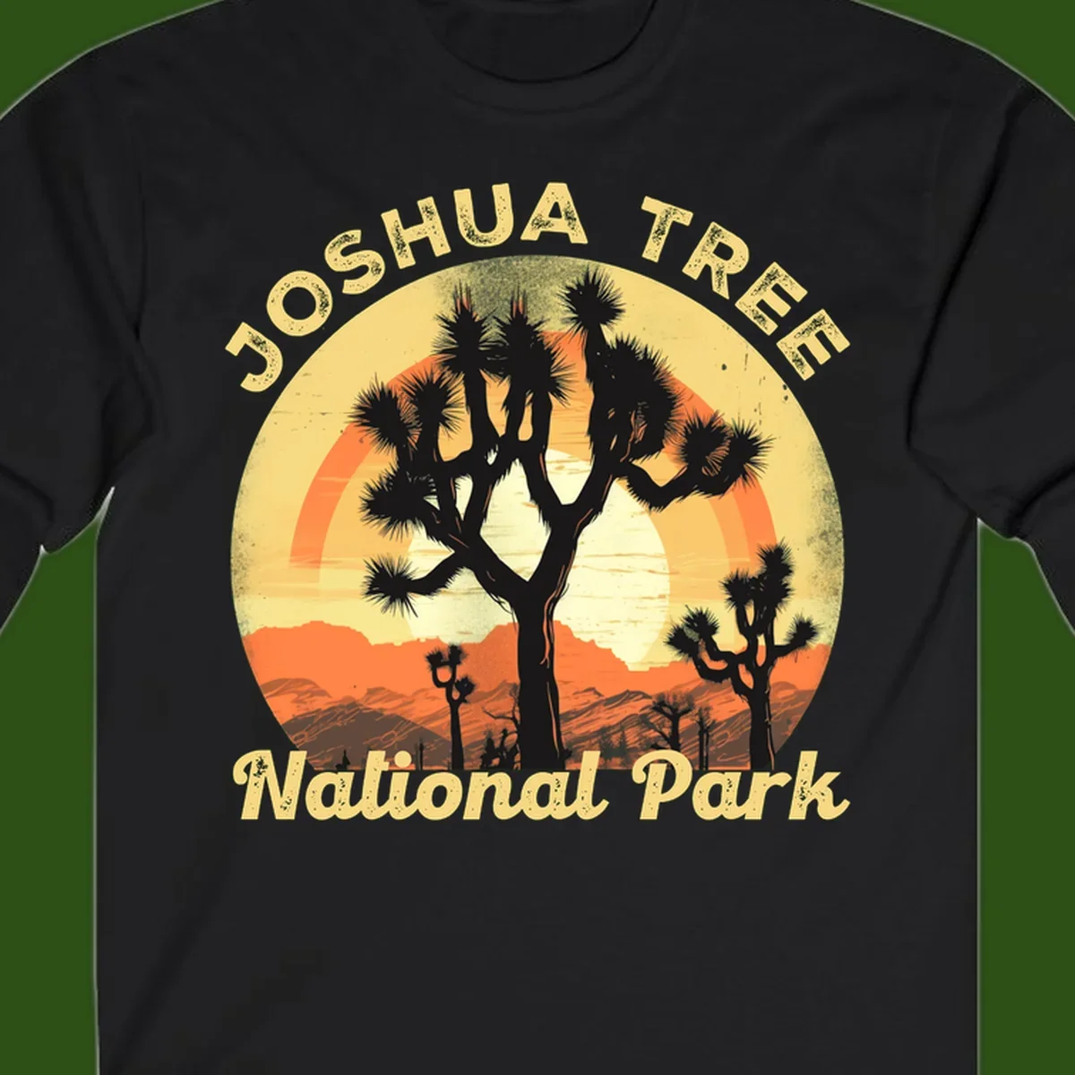 Vintage circular badge design featuring joshua tree desert sunset with silhouetted trees and warm gradient sky