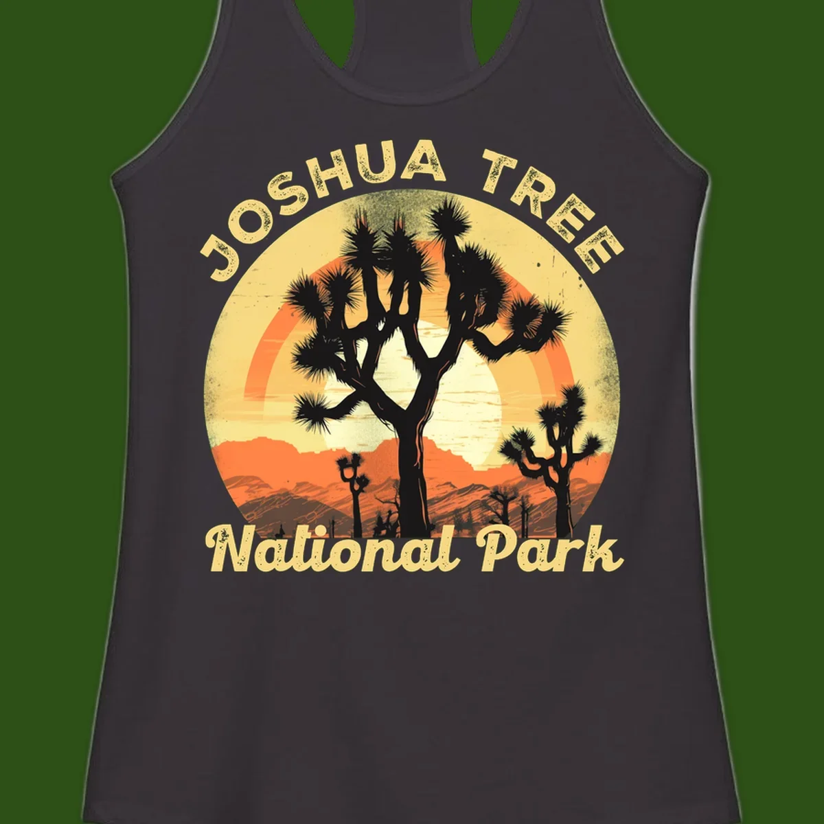 Vintage circular badge design featuring joshua tree desert sunset with silhouetted trees and warm gradient sky