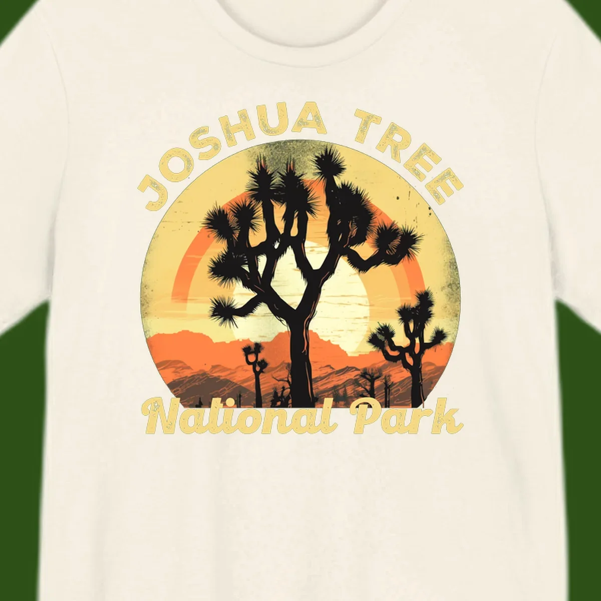 Vintage circular badge design featuring joshua tree desert sunset with silhouetted trees and warm gradient sky