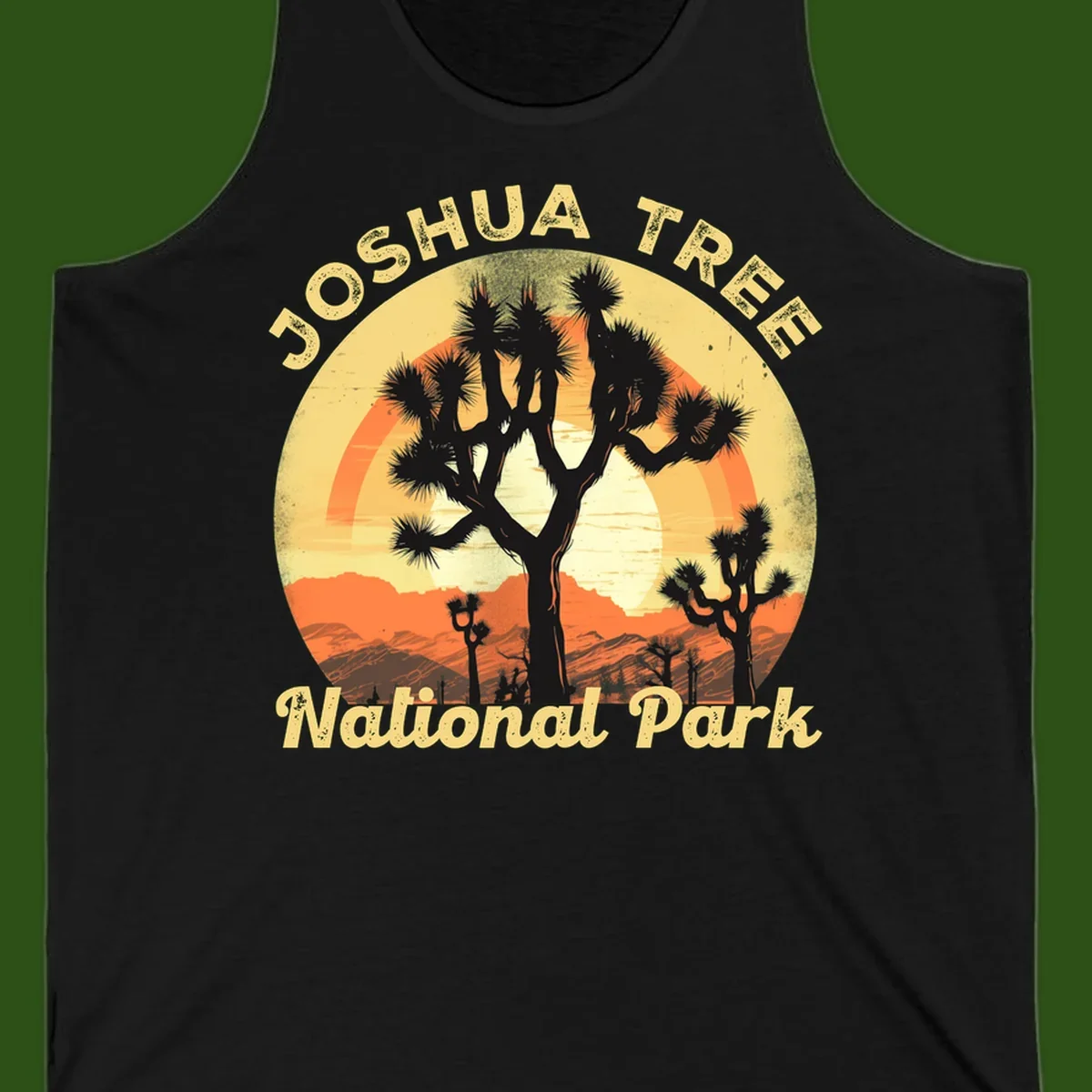 Vintage circular badge design featuring joshua tree desert sunset with silhouetted trees and warm gradient sky
