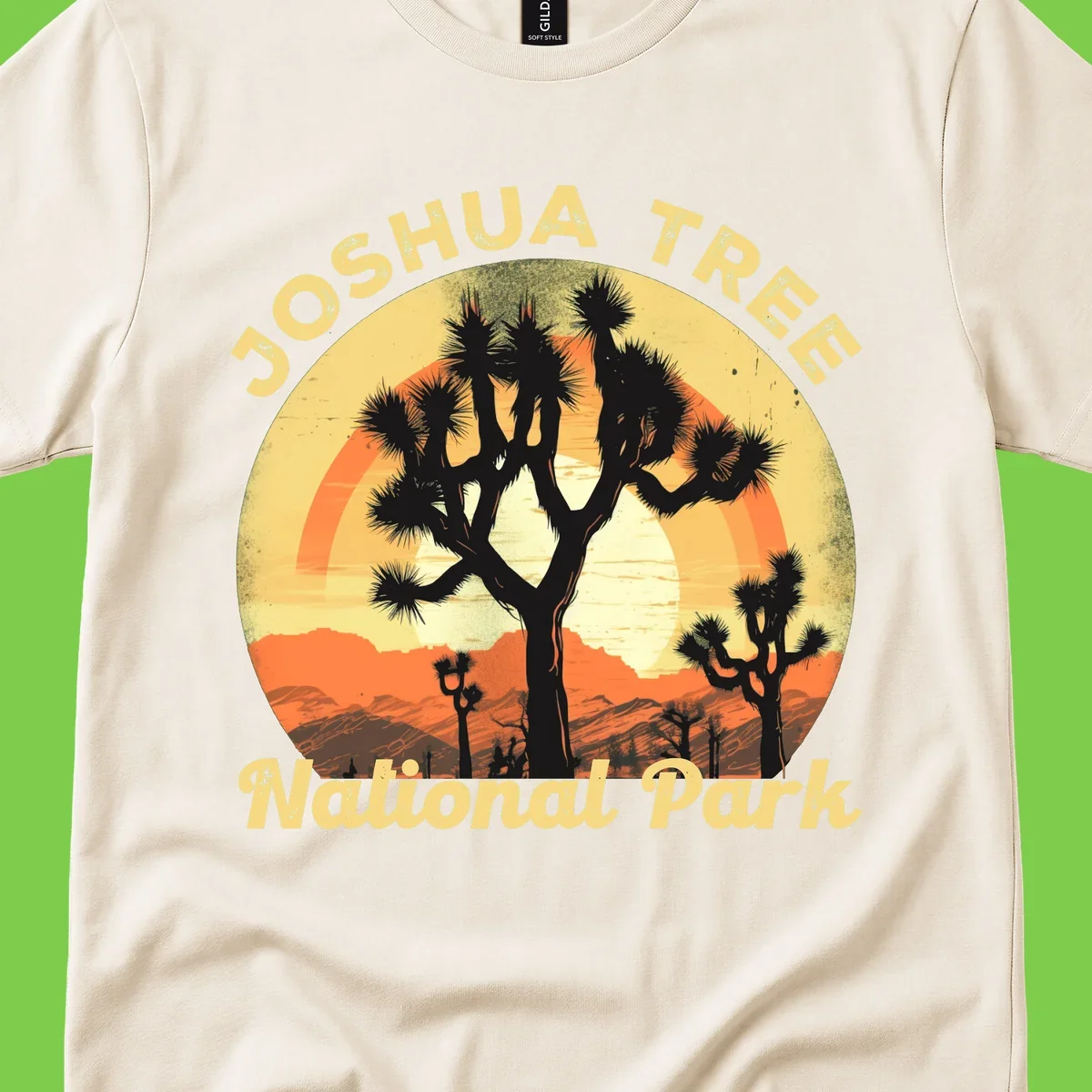 Vintage circular badge design featuring joshua tree desert sunset with silhouetted trees and warm gradient sky
