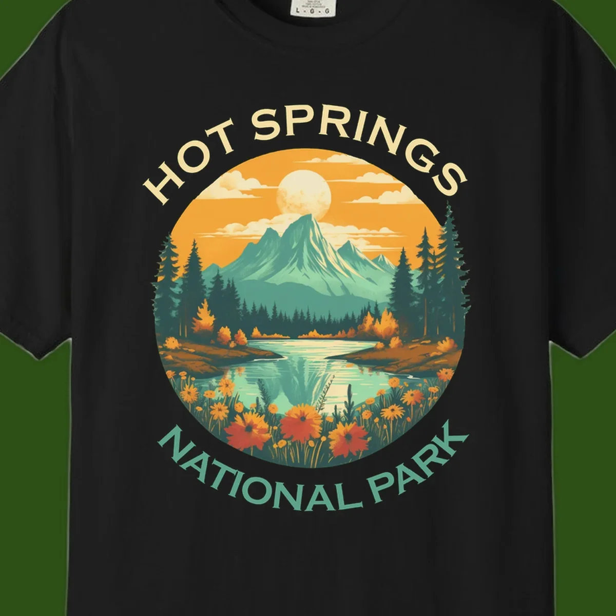 Hot Springs National Park vista illustration with mountain, wildflowers, stream, and forest in circular badge design