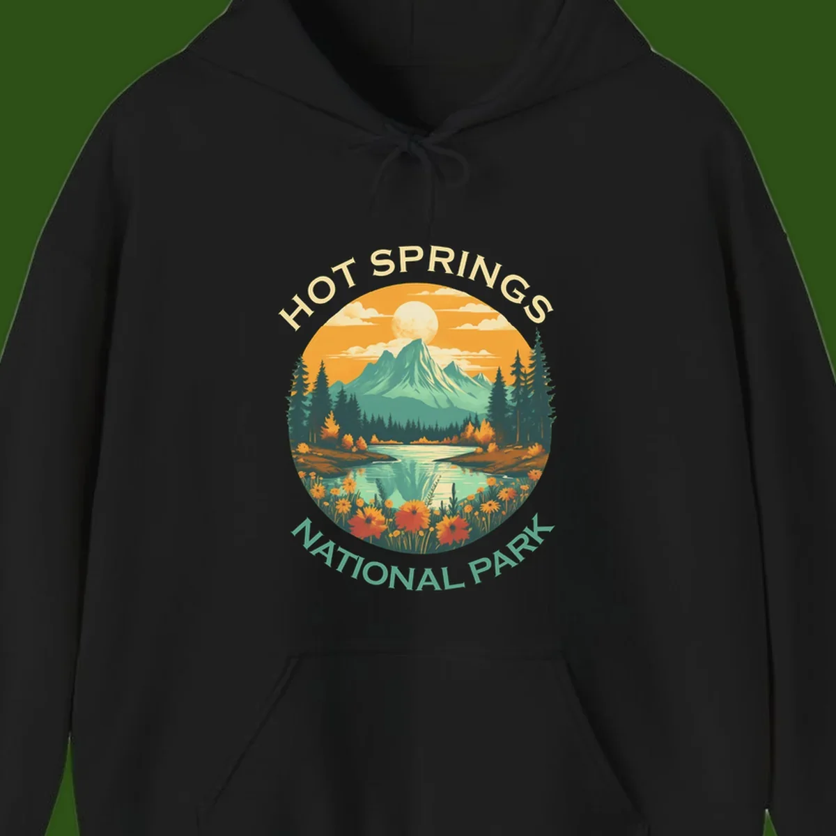 Hot Springs National Park vista illustration with mountain, wildflowers, stream, and forest in circular badge design