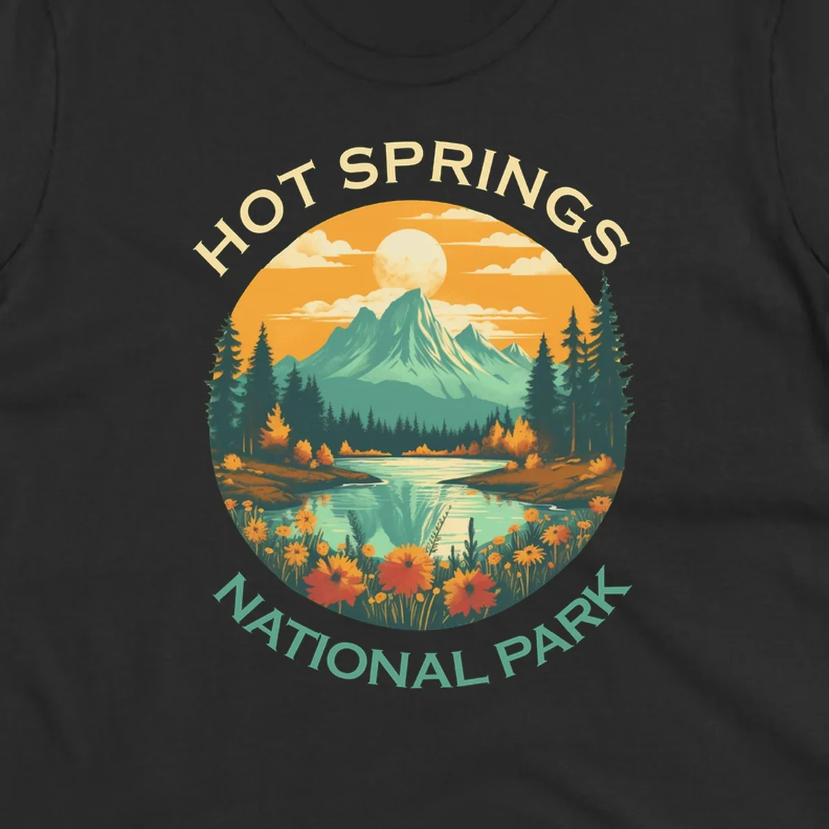 Hot Springs National Park vista illustration with mountain, wildflowers, stream, and forest in circular badge design