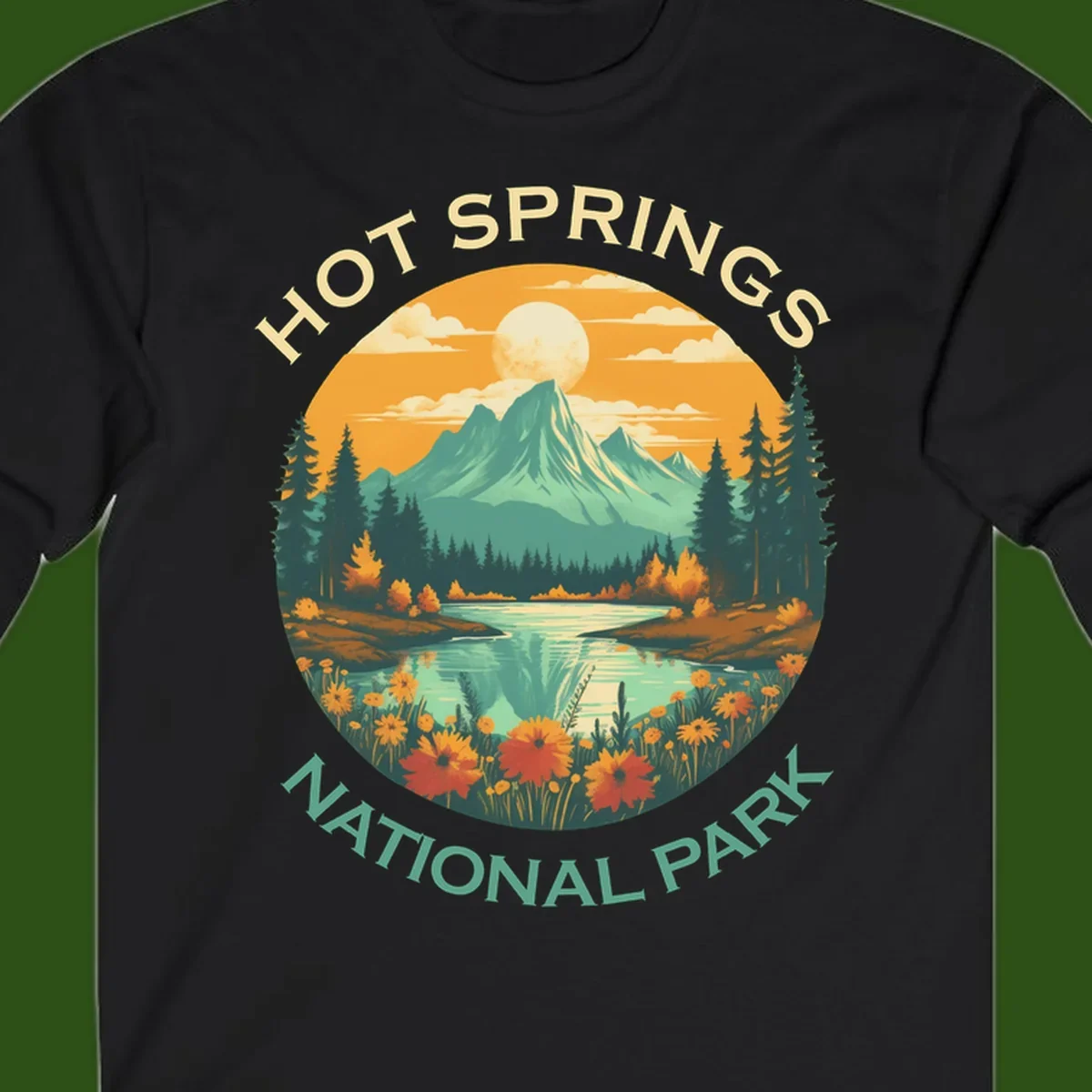 Hot Springs National Park vista illustration with mountain, wildflowers, stream, and forest in circular badge design