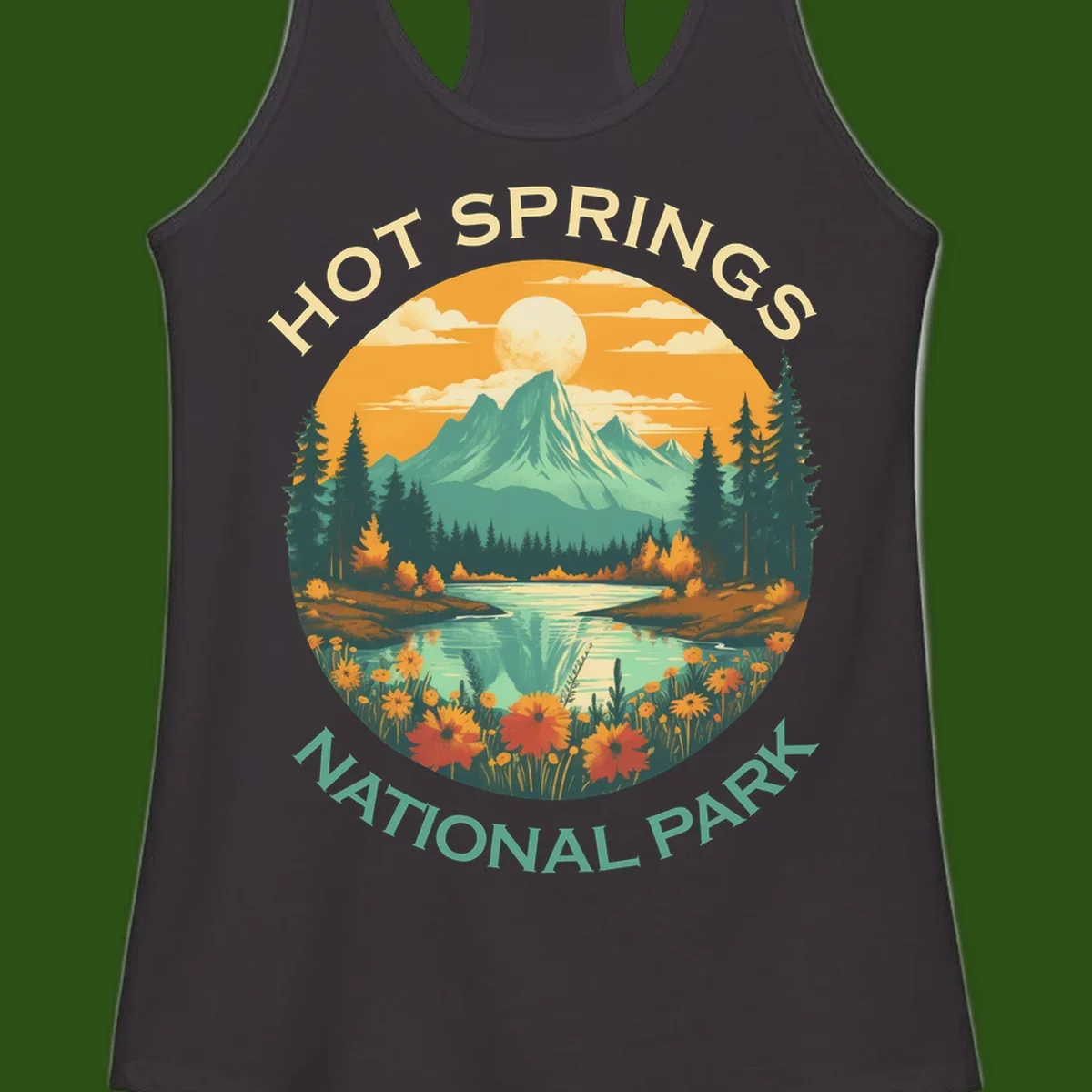 Hot Springs National Park vista illustration with mountain, wildflowers, stream, and forest in circular badge design