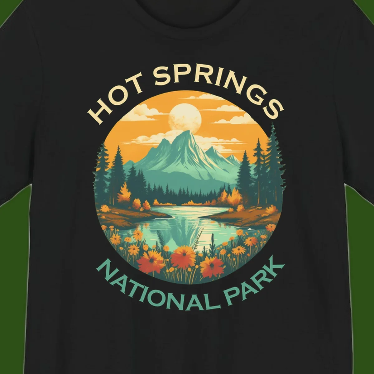 Hot Springs National Park vista illustration with mountain, wildflowers, stream, and forest in circular badge design