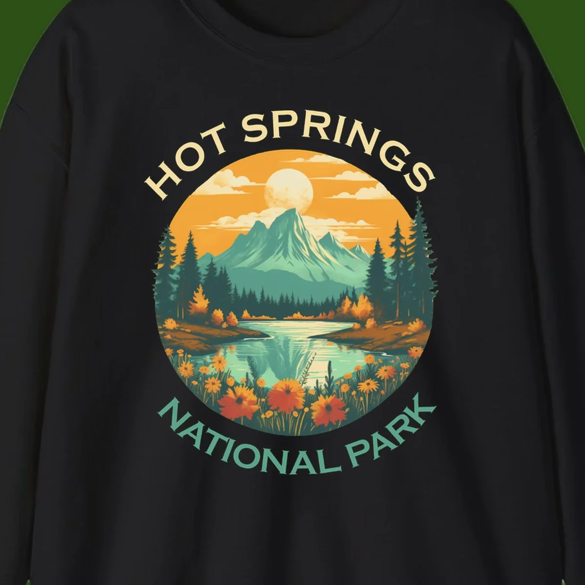 Hot Springs National Park vista illustration with mountain, wildflowers, stream, and forest in circular badge design