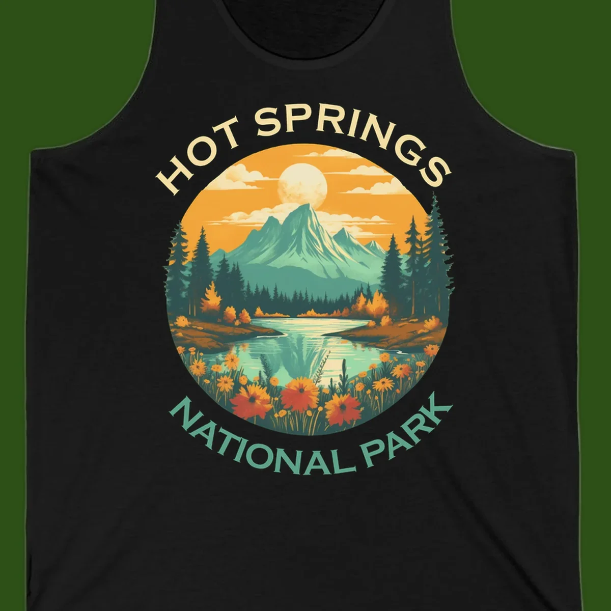 Hot Springs National Park vista illustration with mountain, wildflowers, stream, and forest in circular badge design