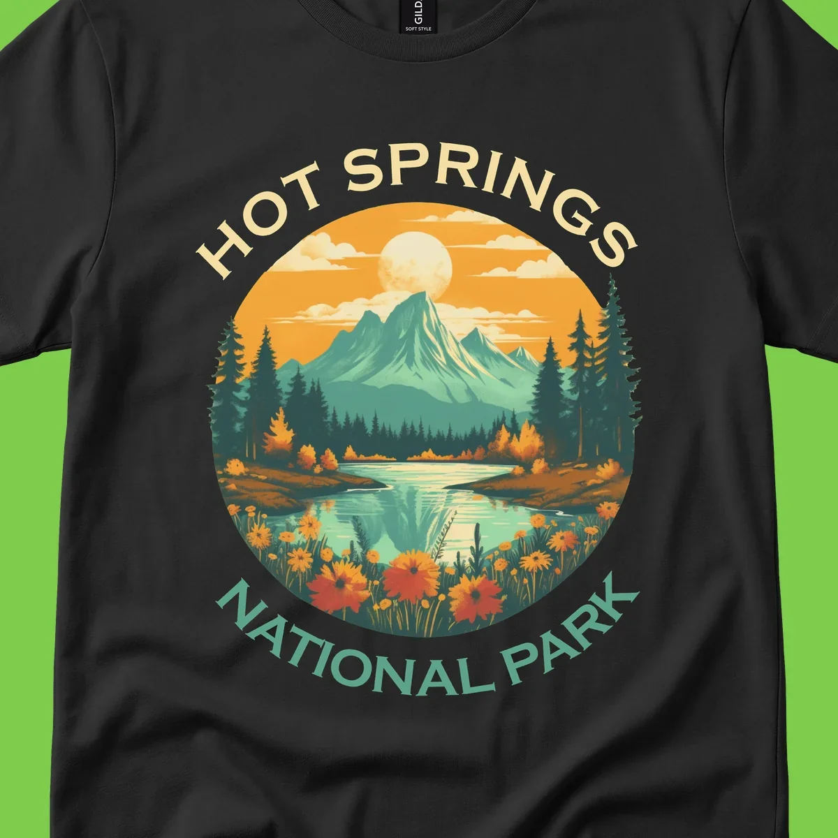 Hot Springs National Park vista illustration with mountain, wildflowers, stream, and forest in circular badge design