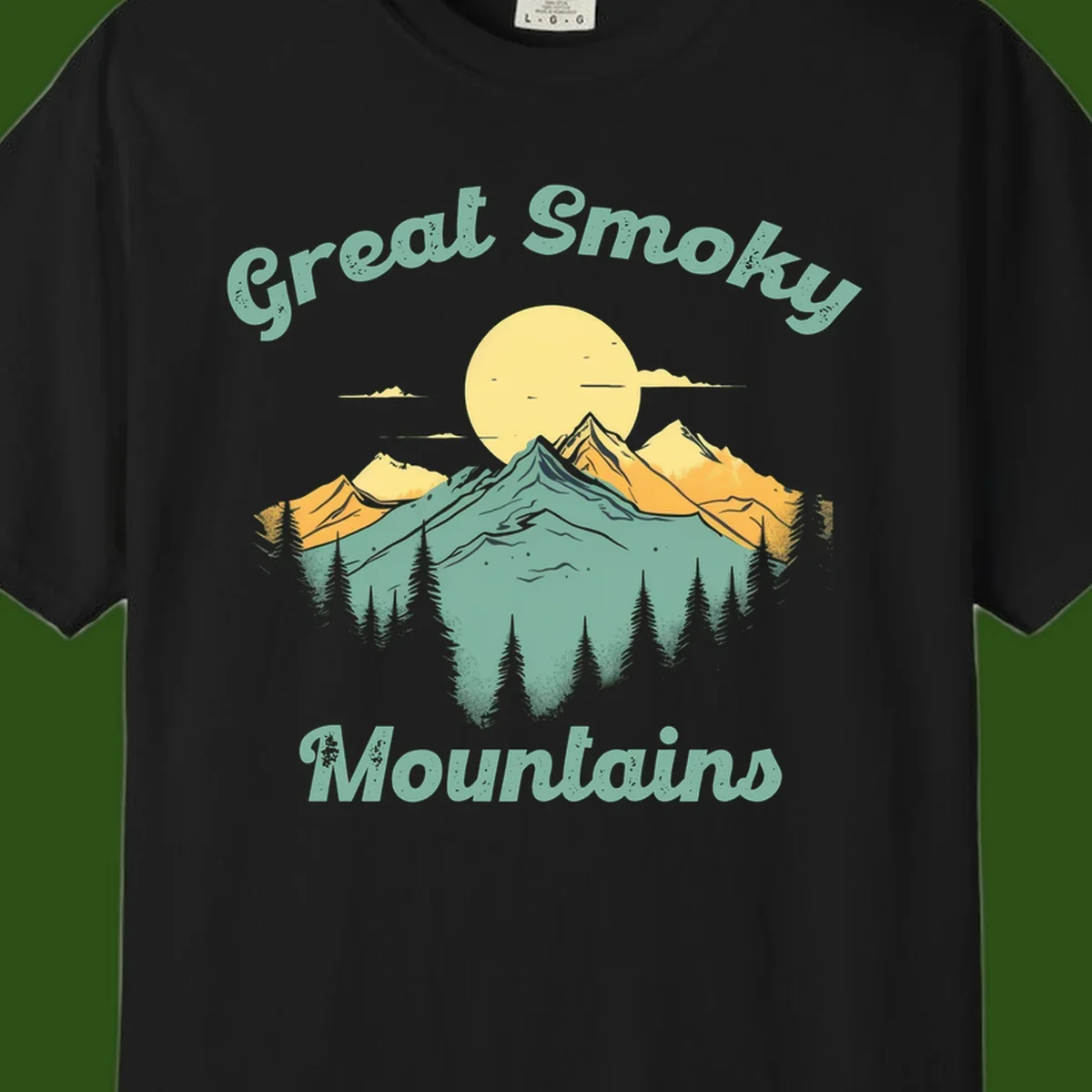 Layered mountain landscape with golden peaks, evergreen forest, and sunset sun in mint and gold tones