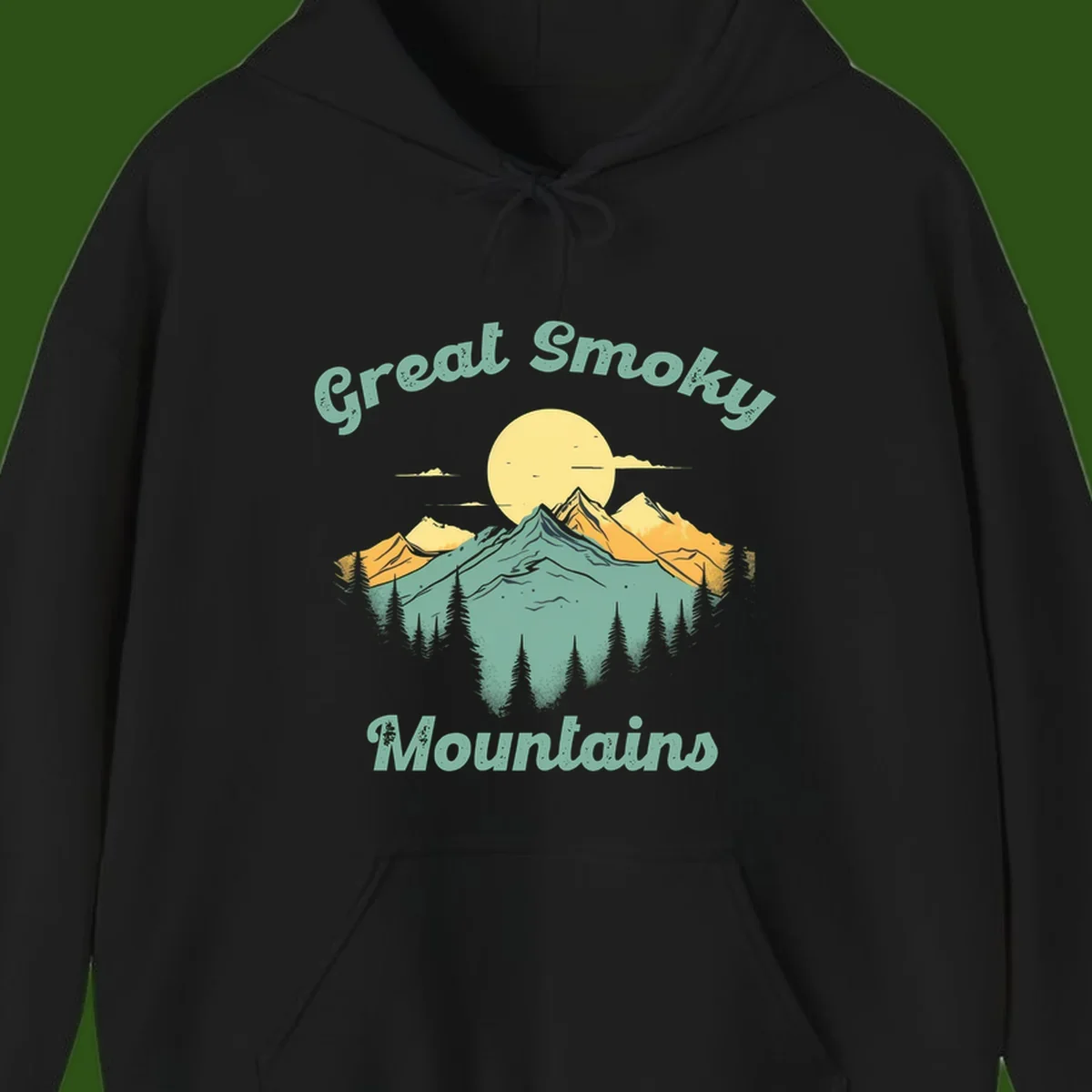 Layered mountain landscape with golden peaks, evergreen forest, and sunset sun in mint and gold tones