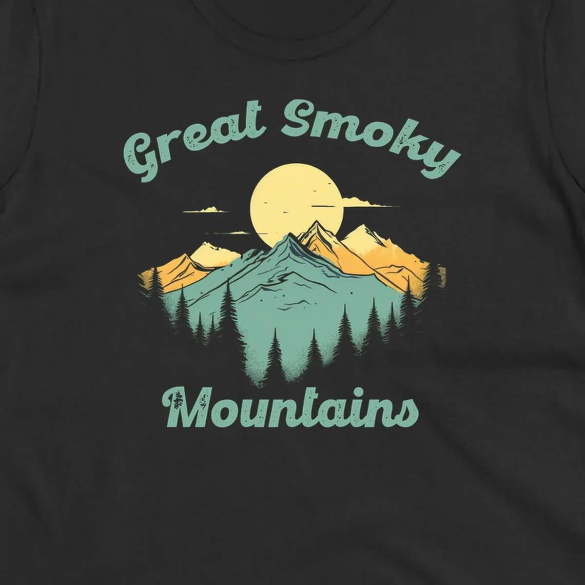 Layered mountain landscape with golden peaks, evergreen forest, and sunset sun in mint and gold tones