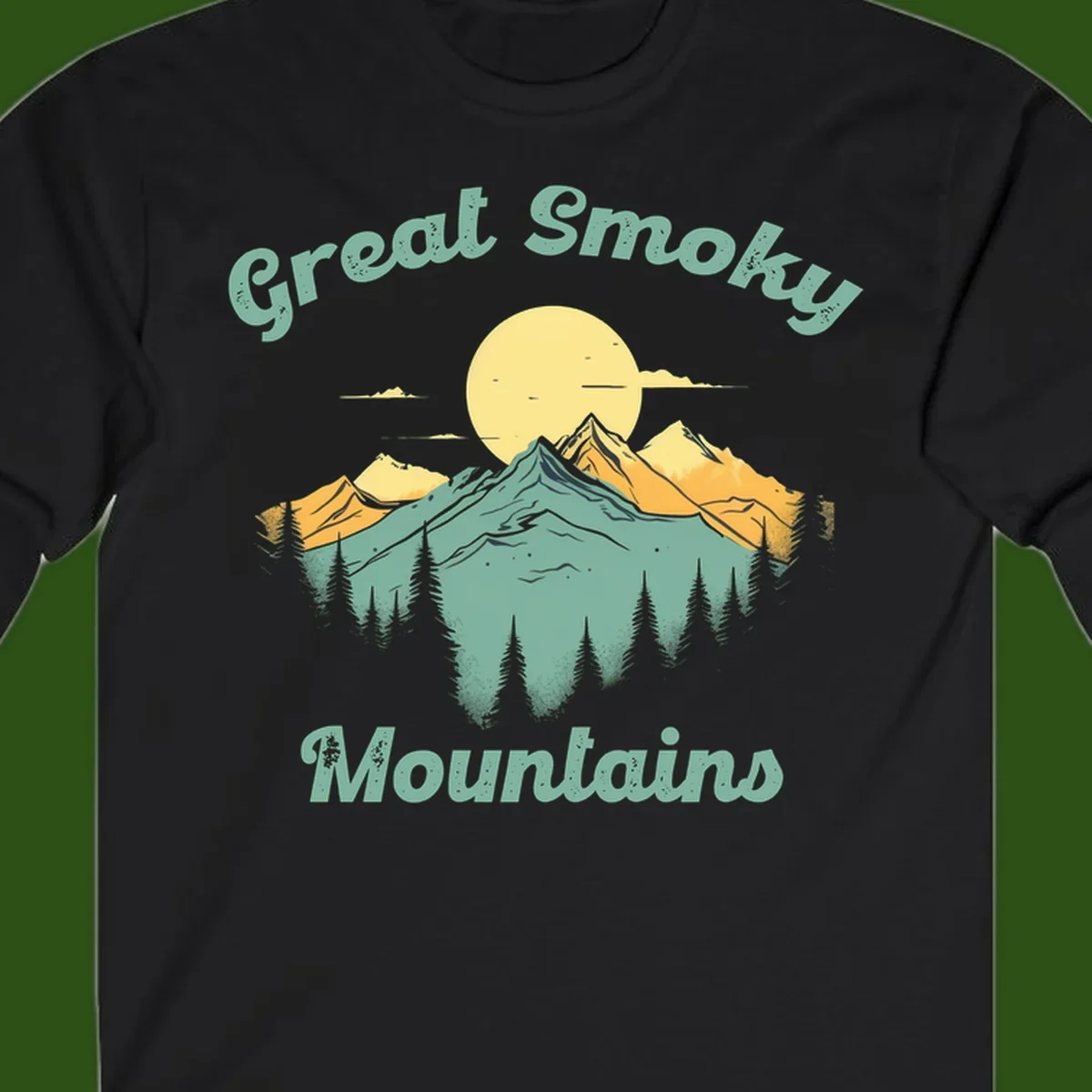 Layered mountain landscape with golden peaks, evergreen forest, and sunset sun in mint and gold tones