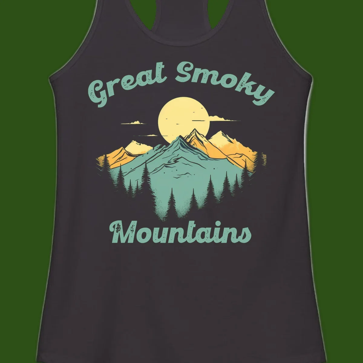 Layered mountain landscape with golden peaks, evergreen forest, and sunset sun in mint and gold tones