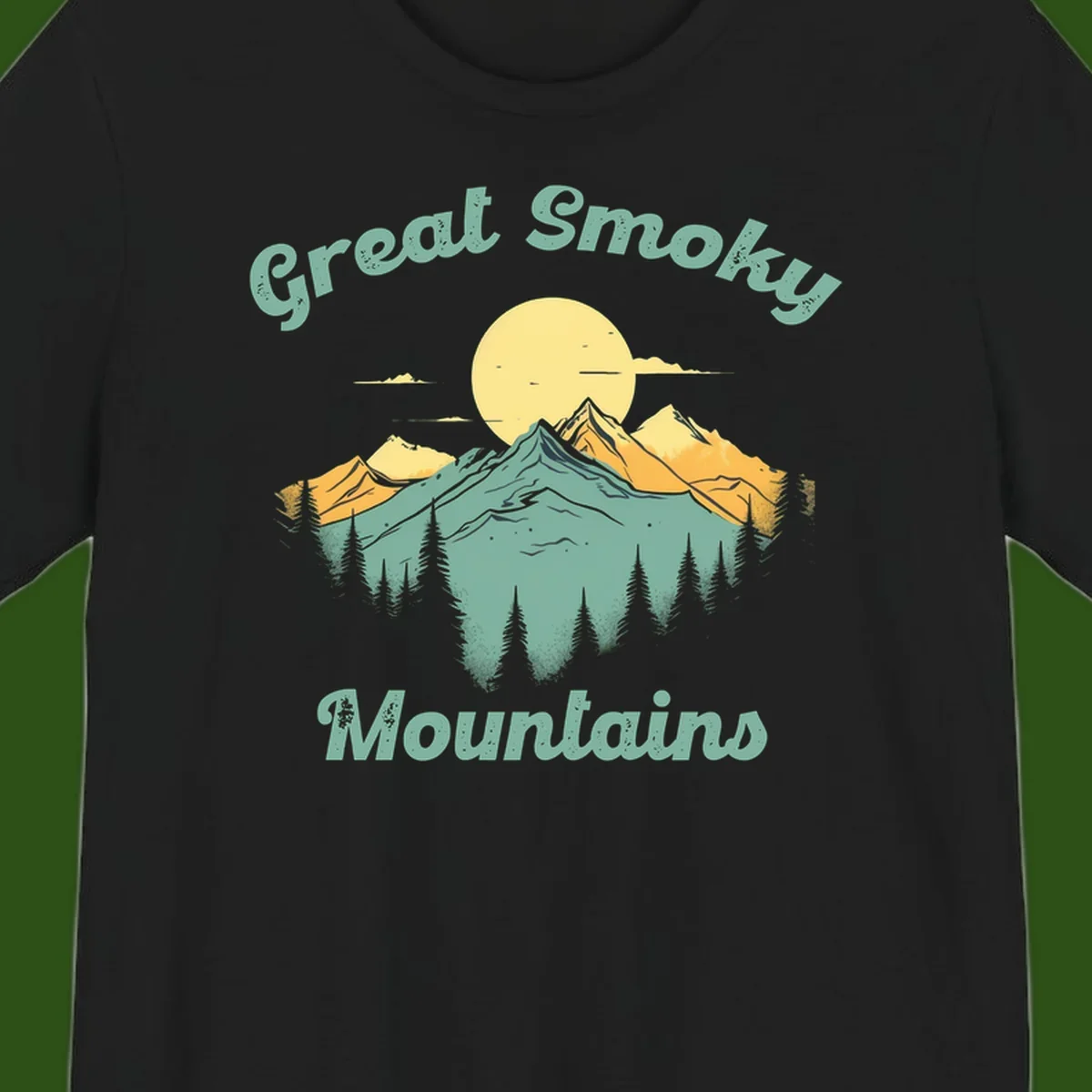 Layered mountain landscape with golden peaks, evergreen forest, and sunset sun in mint and gold tones