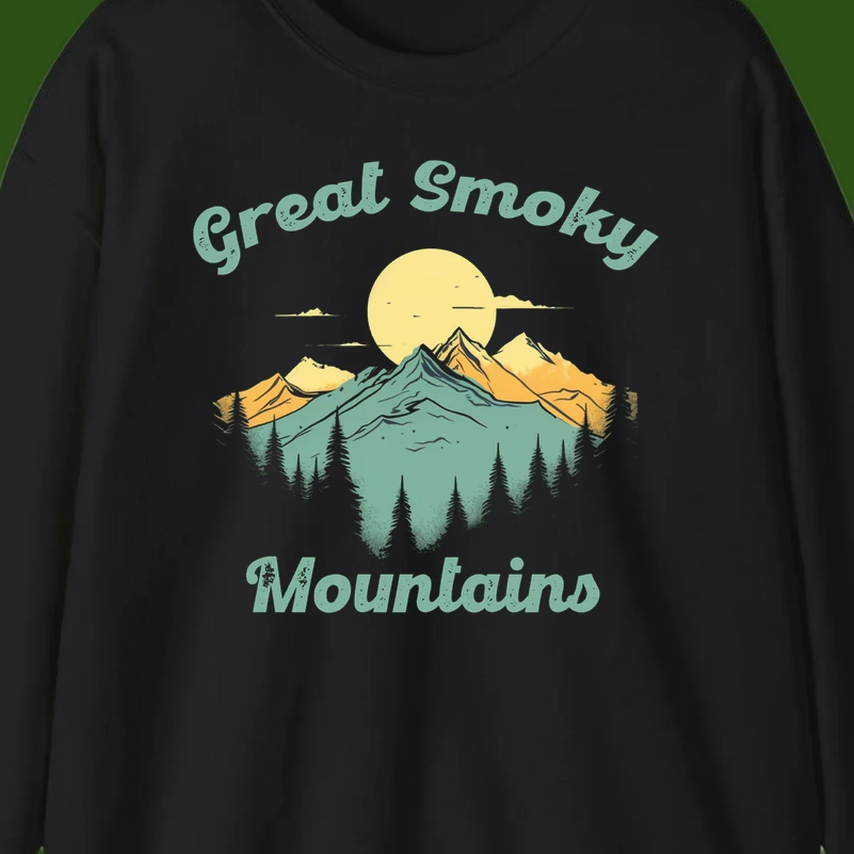 Layered mountain landscape with golden peaks, evergreen forest, and sunset sun in mint and gold tones